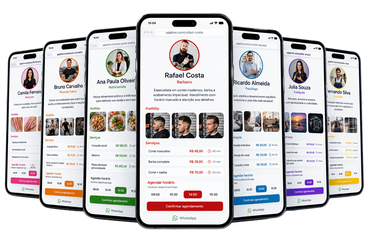Exemplos de sites da UppiMe para barbeiro, manicure, nutricionista, personal trainer, psicólogo, fotógrafo e eletricista, cada um com seu portfólio, serviços e agendamento
